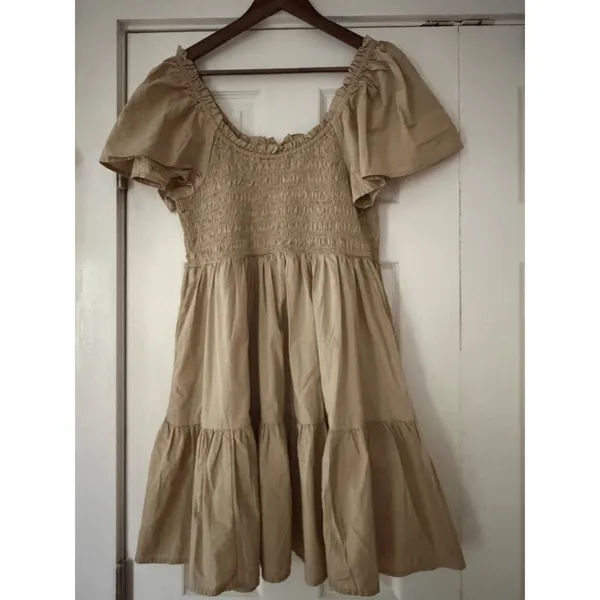 Gap Women Smocked Mini Dress Tan‎ Khaki Puff Sleeve Tiered Cotton L NEW - Image 4