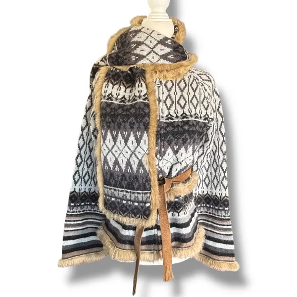 Vintage Y2K Fair Isle Shetland Wool Knit Cardigan Rabbit Fur Trim Belted Scarf‎ - Image 4
