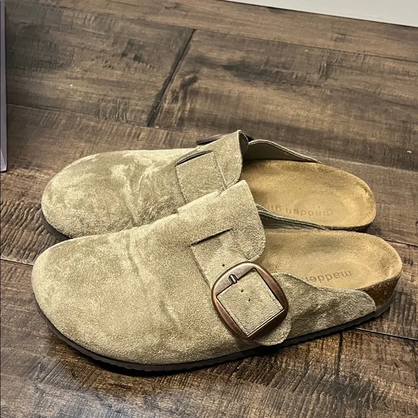 Madden Girl Taupe Suede Buckle Mules - Image 5
