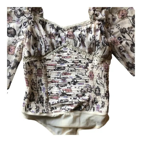 Free People NWT - - Brunch Date Floral Print Long Sleeve Bodysuit Ivory Combo -Size Small - Image 4