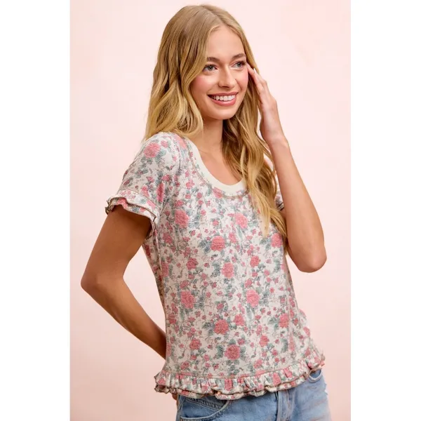 BiBi Rose‎ Printed Slub Knit Ruffled Sleeves Top - Image 7