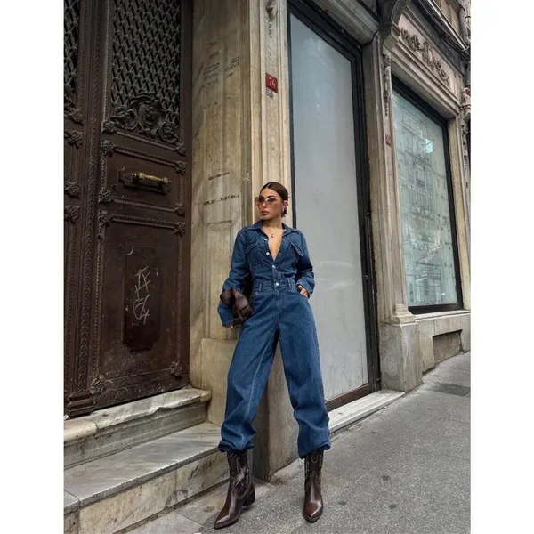 Women Denim Jumpsuit Premium Jean One Piece Outfit Casual Chic Overalls Romper - Image 3