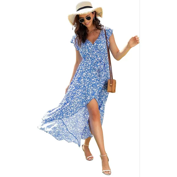 Grecerelle Blue & White Floral Print V-Neck Short Sleeve High Low Maxi Dress - Image 2