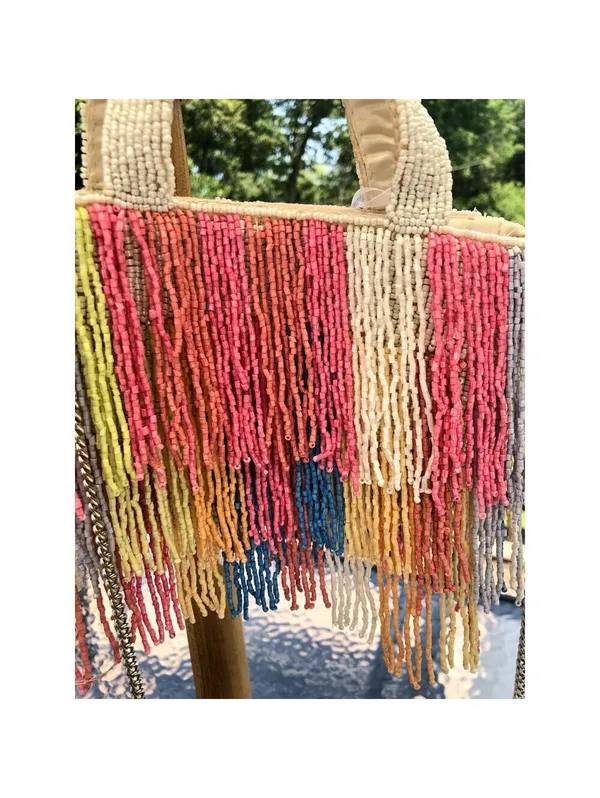 Beaded Multicolor Cream Fringe Bag Viral Beaded Statement Bag Marshall's NWT - Image 2