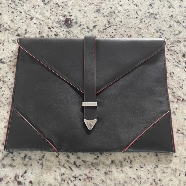 Reiss Arleta Black Leather Envelope Clutch With Pink Trim‎ and Silver Clasp - Image 2