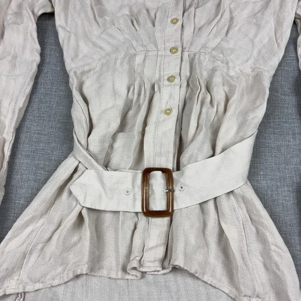Free People Tunic Blouse Womens M White V-Neck Long Sleeve Belted Herringbone - Image 3
