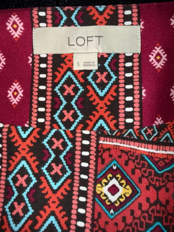 LOFT Women Magenta Red Geometric Print Boho Shift Dress Size Small - Image 3