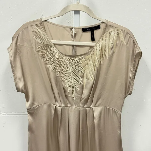 BCBGMAXAZRIA Silk Mini Dress Pebble Beige‎ Sequin Embroidered Champagne Party XS - Image 3