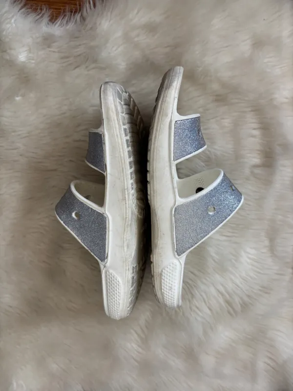 Iconic CROCS Comfort Silver Sparkle Glitter and White Sandals - Image 2