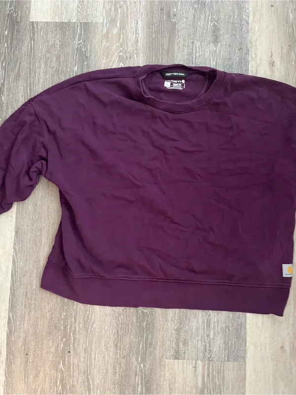 Carhartt Tencel Sweatshirt Womens Large Burgundy Loose Fit Cropped Sleeve Logo - Image 4