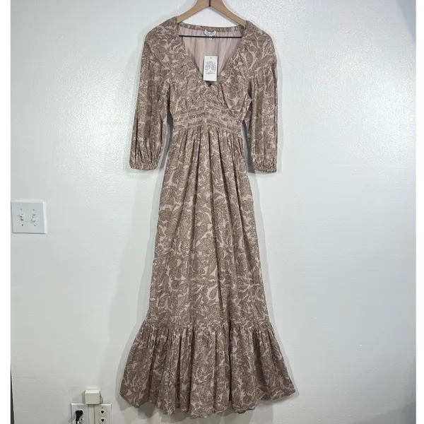 Nations of Peace Paisley‎ Maxi Dress Womens XS Brown Cotton Smocked Boho Tiered - Image 2