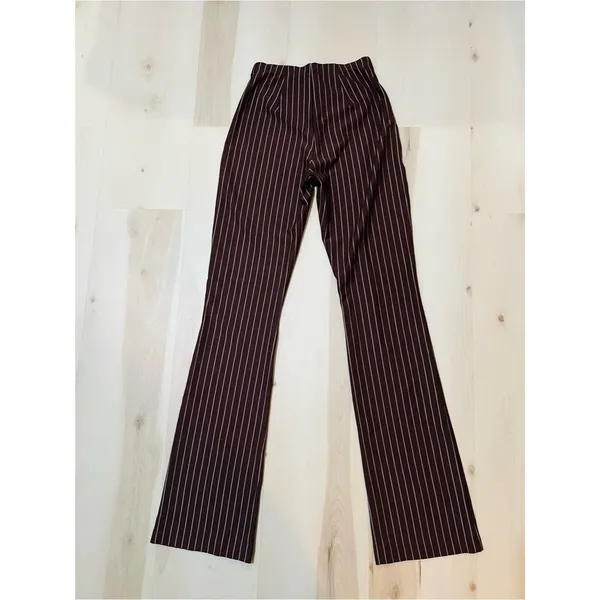 Naked Wardrobe New Women Small Brown White Pinstripe High Waist Bootcut Pants - Image 2