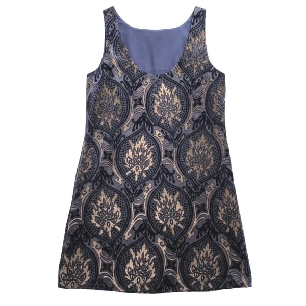 LOFT Shift Dress‎ Navy Blue Gold Damask Velvet Burnout Sleeveless Womens XS - Image 4