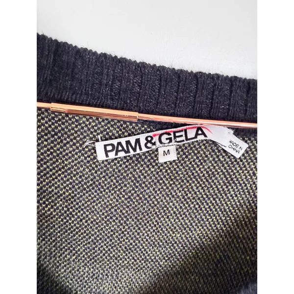 Pam & Gela Sweater Womens V-Neck Abstract Camo Intarsia M Grey Yellow Black‎ - Image 8