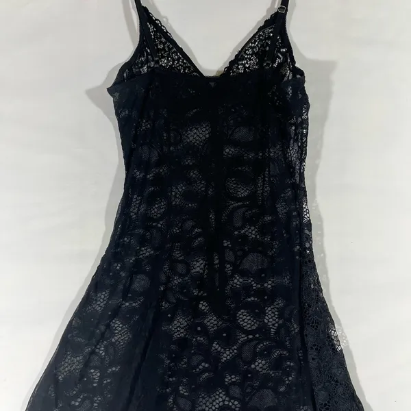 Black Lace & Mesh Net Chemise Nightgown with Ribbon & Rhinestone Sz S‎ NEW - Image 2