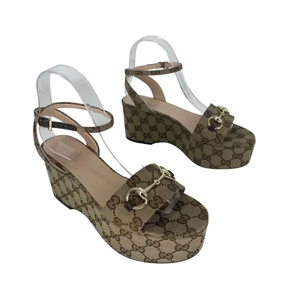 Gucci Lady Horsebit GG Supreme Canvas Platform Sandals Beige 37.5 Box Dust Bags - Image 3