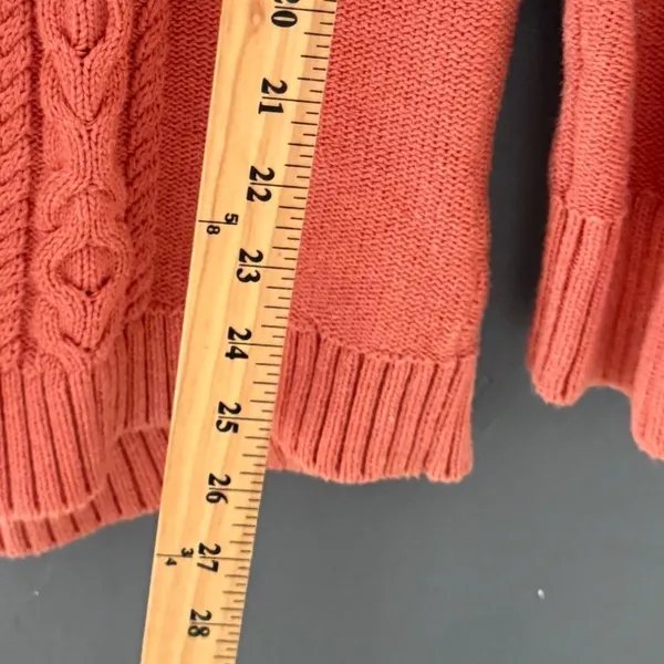 LL Bean Womens Medium Coral Orange Cable Knit 100% Cotton Sweater Fisherman - Image 7