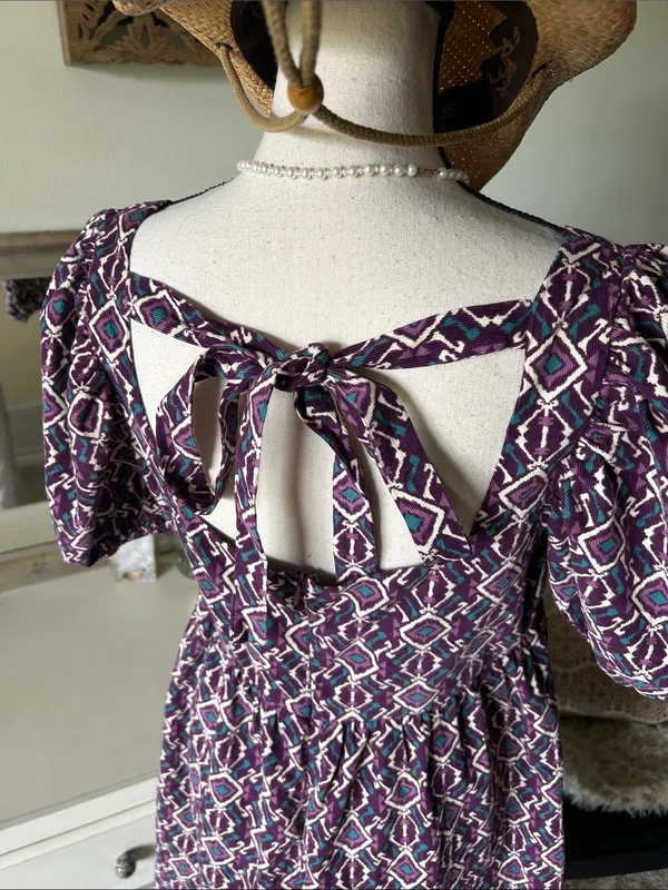 Anthropologie Boho cottage purple corduroy cotton puff sleeve square neck babydoll dress L - Image 8