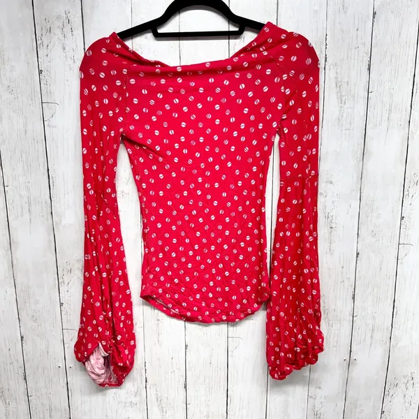 We‎ The Free Top Women Size XS Red Dot Print Boat Neck Puffed Long Sleeve Blouse - Image 3