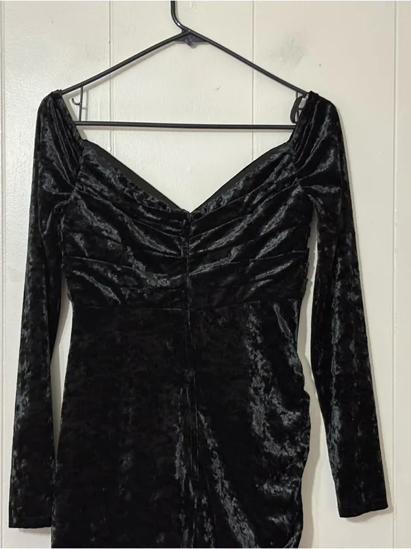 Sherri Hill Black Crushed Velvet Off Shoulder Mini Dress 6 Long Sleeve Cocktail - Image 10