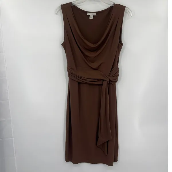 Boston Proper Cowl Neck Dress Sz 8 Brown Quiet Luxury Y2K Stretchy Tie Front - Image 12