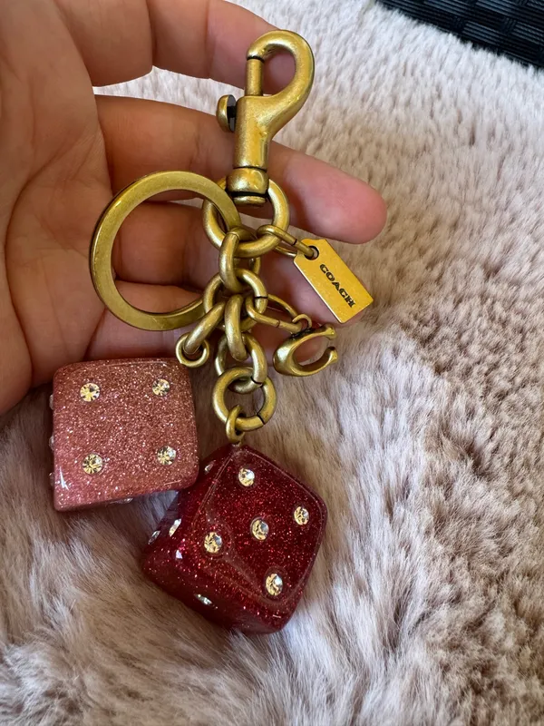 Coach Dice Bag Charm With Keyring Key Chain In Gold/Pink Multi CEA16 NWOT - Image 5