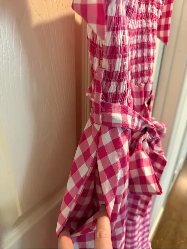 &merci Pink Gingham Smocked Midi Dress - Image 6