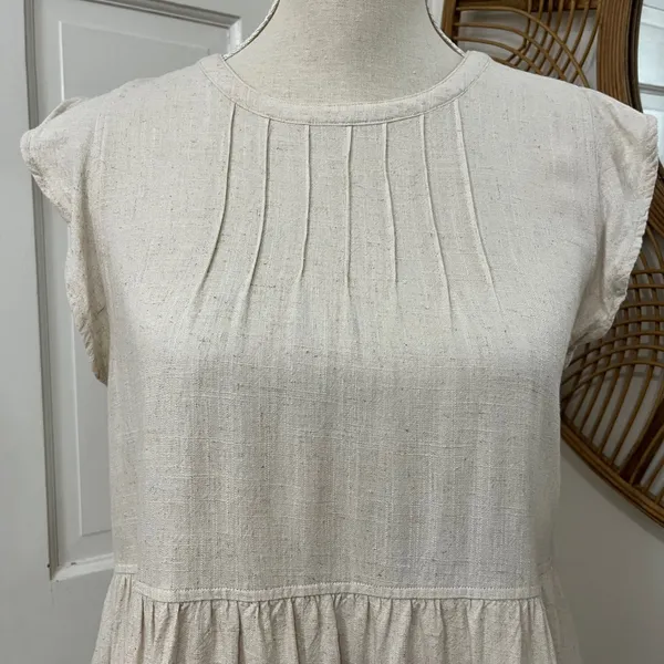 New In Linen Blend Tiered Mini Dress‎ S Boho Flutter Sleeve Coastal Minimalist - Image 2