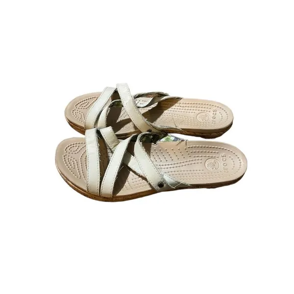 Crocs‎ Leigh Cork Beige Wedge sandals Leather Straps Womens - Image 3