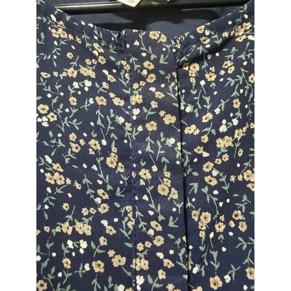 Bohme Navy Blue Floral Tiered Midi Dress Long Sleeve Smocked Cuffs Womens Size M - Image 7