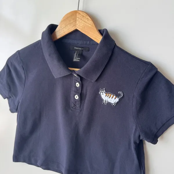 Forever 21 Crop Top Polo Shirt Cat Embroidery‎ Short Sleeve Navy S - Image 2