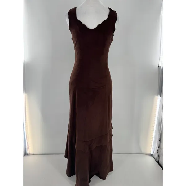 Bebe Vintage Y2K Brown Faux Suede Maxi Dress XS Tiered Ruffle Bodycon Made USA - Image 3