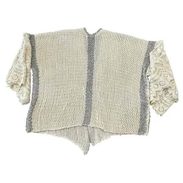 Anthropologie Crochet Bell Sleeve Cardigan Cream Gray Boho Oversized Knit - Image 7