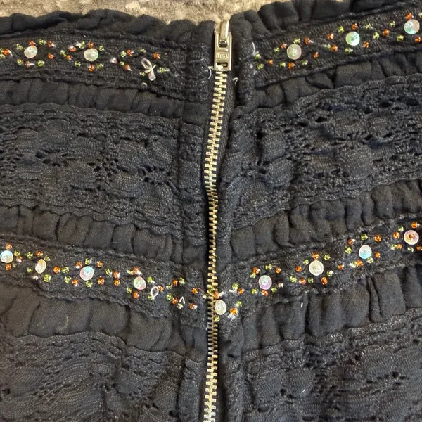 Hard Tail Western USA Mini Skirt Womens XS Black Gauze Beaded Smocked Boho - Image 8