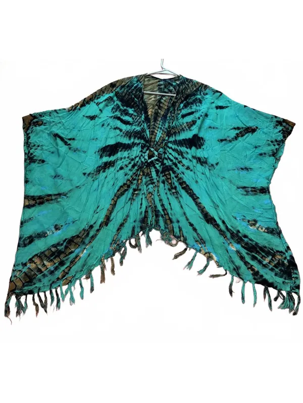 Boho Teal Turquoise Tie Dye Asymmetrical Fringe Kimono Poncho Wrap Cover Up - Image 4