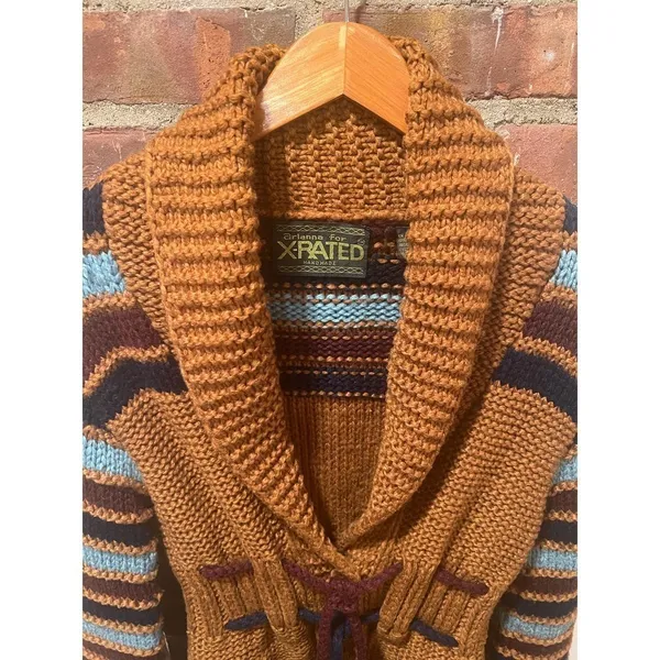 Vintage X-RATED Handknit Statement Cardigan Striped Sleeves Belted M - Image 6