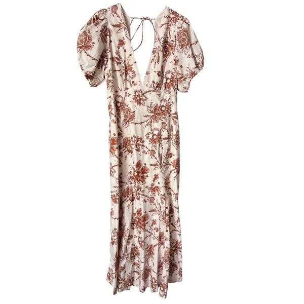 Abercrombie‎ & Fitch Floral Puff Sleeve Slim Poplin Midi Dress Cream Rust Medium - Image 3