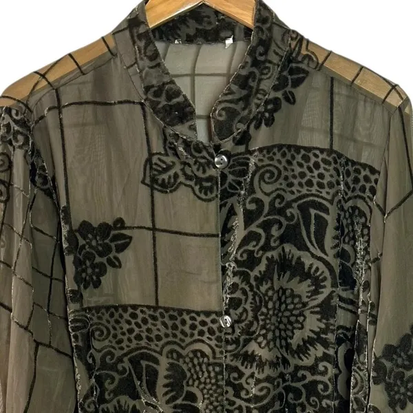 Coldwater Creek Olive Green Velvet Burnout Sheer Tunic Top XL Elegant Artwear - Image 4