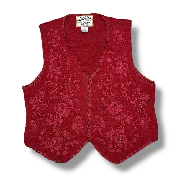 Vintage 90s Heirloom Collectibles Embroidered Beaded Sweater Vest‎ Red Medium - Image 11