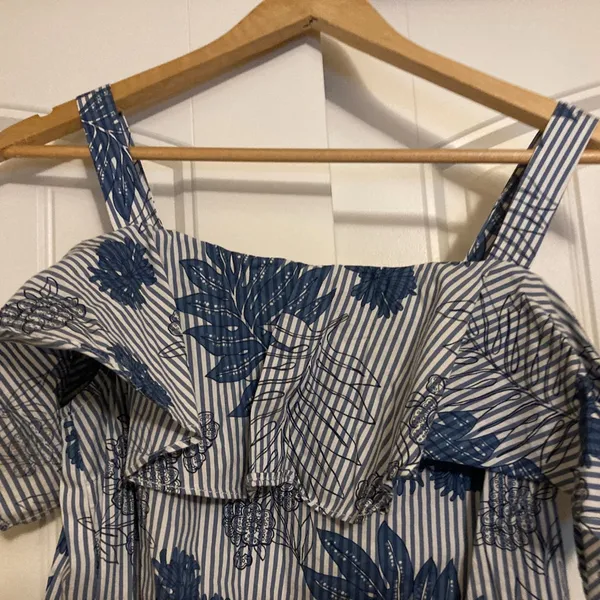 Tommy Hilfiger Sundress Size Small Blue and White Stripes Floral Print Ruffle - Image 2