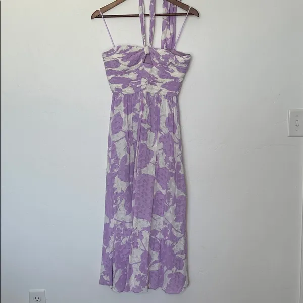 AMUR Selina Floral Halter Midi Dress Lavender White Cutout A-Line Size 4 - Image 2