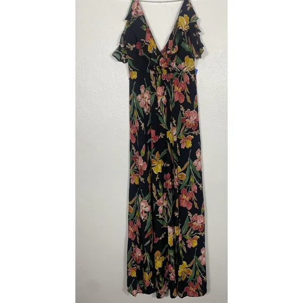 Privacy Please Black Floral Ruffle Maxi Dress Adjustable Straps V-Neck Size S - Image 3