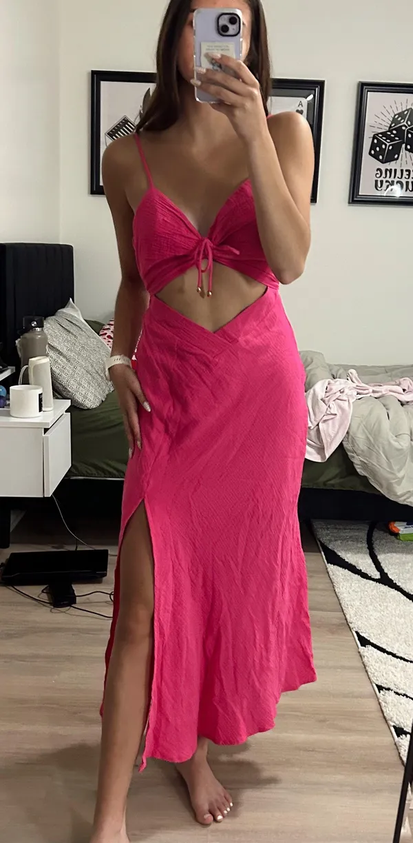 Twin Flame Drawstring Bust Midi Dress in Hot Pink - Image 9