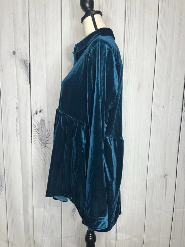 Umgee Teal Velvet Button Up Shirt Sz M Babydoll Western Yoke Long Sleeve - Image 4