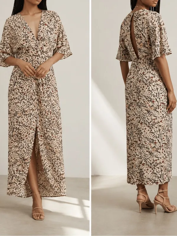 Fame & Partners Animal Print Mix Champagne Satin The Sayge Maxi Dress - Image 2
