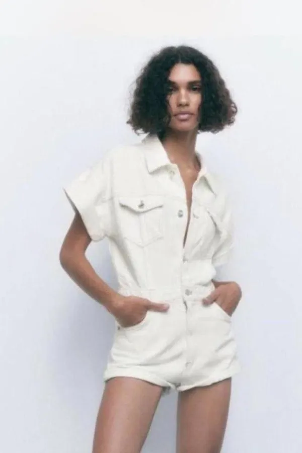 Zara denim playsuit romper button up utility short sleeves white cream collar - Image 9