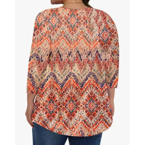 Womens Orange Ikat Geometric Print Tunic‎ Top 3/4 Sleeve Scoop Neck Boho Medium - Image 5