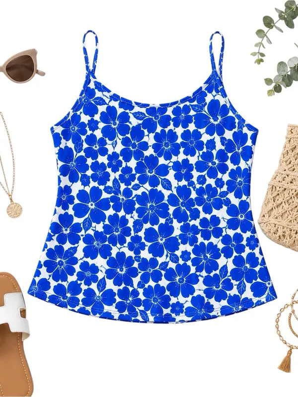 L.L.Bean Blue White Floral Tankini Swim Top Women’s Size 10 Coastal Resort Swim - Image 2