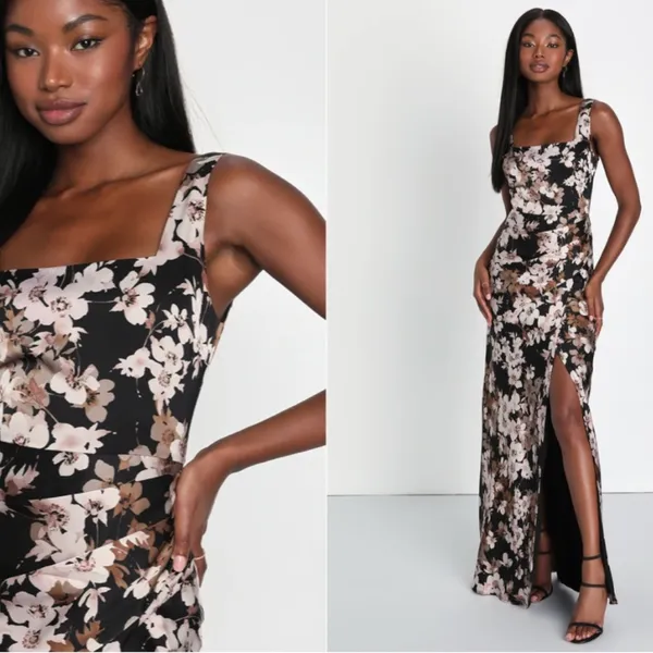 LULU's Floral Sexy Romantic Flowy Floral Wedding Formal Event Satin Maxi Dress - Image 3