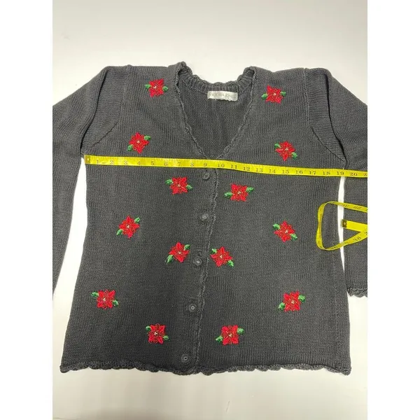 Victoria Jones VintageSweater Poinsettia Cardigan Beaded Christmas Grandma M - Image 4